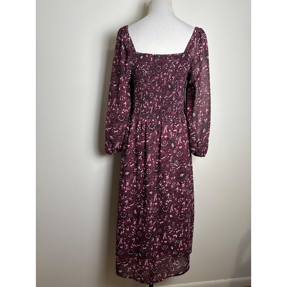 Beachlunchlounge Womens Smocked Midi Dress L Dark Cottage Floral Sheer Sleeve - Picture 2 of 8